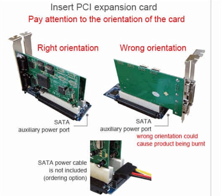 Kit PCIe a 2 PCI estndar; Montaje correcto de las placas PCI