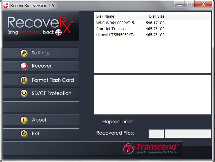 Pantalla principal del Transcend RecoveRx